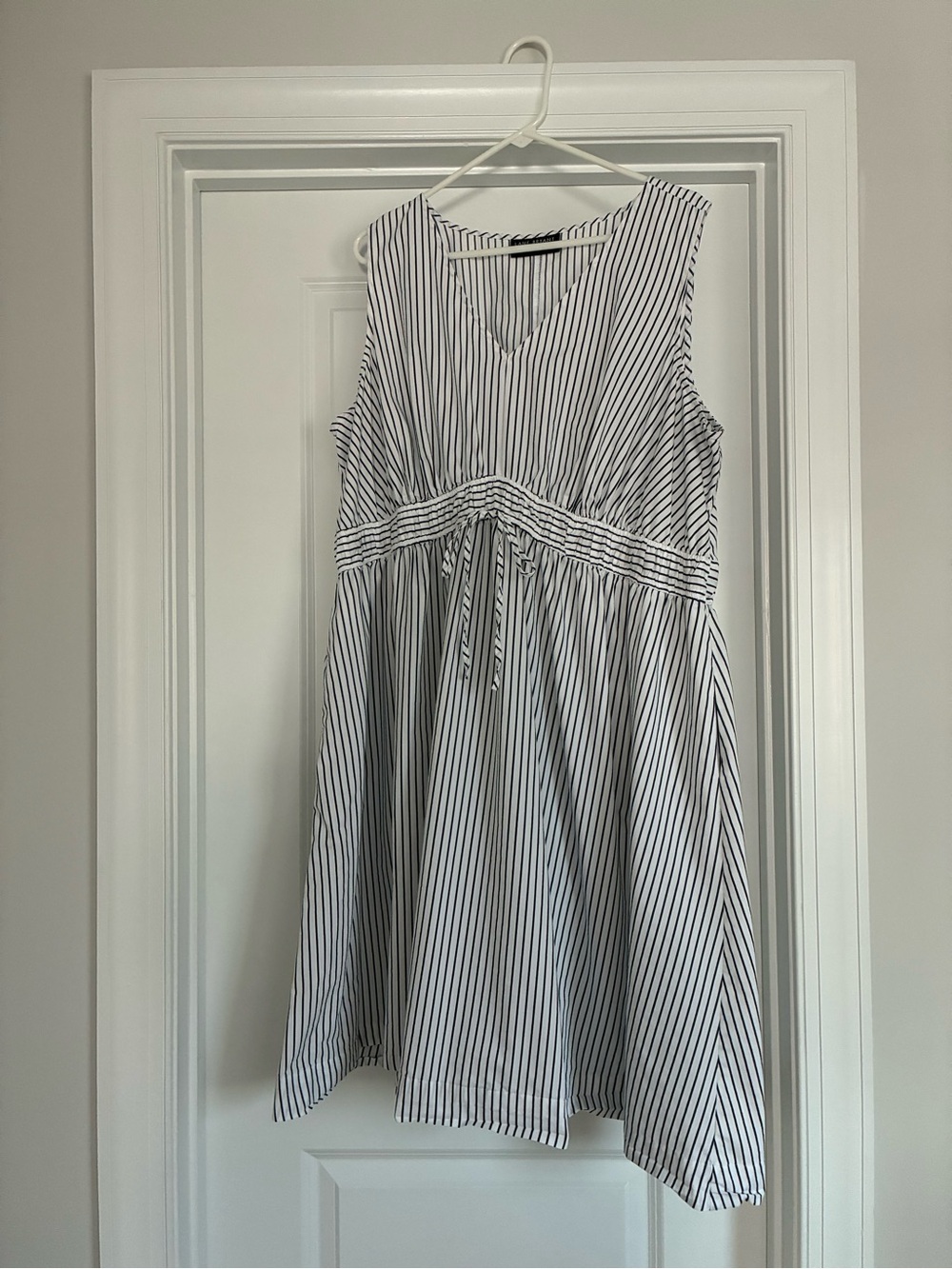 Lane Bryant White Midi Dress with Dark Navy/Black Pinstripes